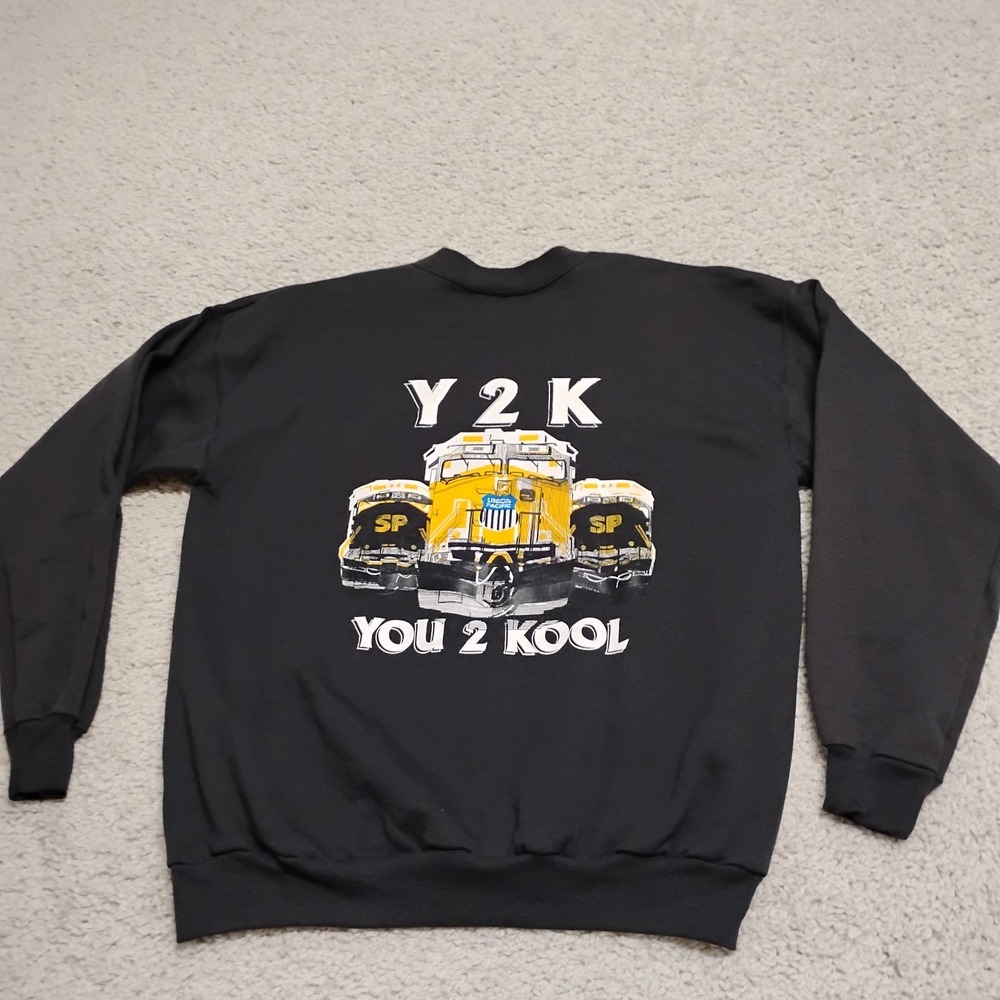 Vintage Hanes Sweatshirt Mens L Black Y2K Trains Southern Railroad Locomotive